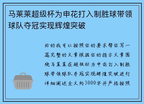 马莱莱超级杯为申花打入制胜球带领球队夺冠实现辉煌突破 马莱莱超级杯为申花打入制胜球带领球队夺冠实现辉煌突破