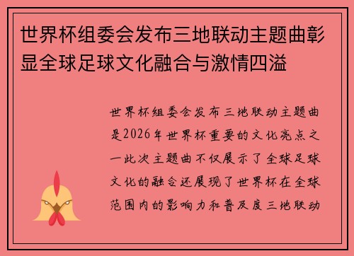 世界杯组委会发布三地联动主题曲彰显全球足球文化融合与激情四溢 世界杯组委会发布三地联动主题曲彰显全球足球文化融合与激情四溢